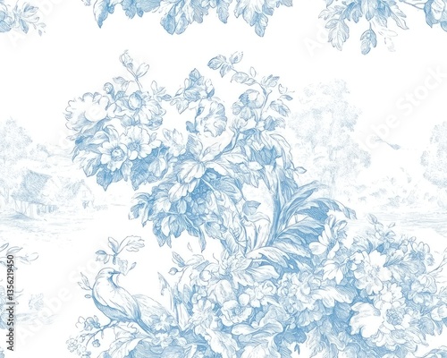 Elegant Blue Floral Pattern with Bird and Landscape Vintage Style Botanical Illustration