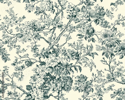 Elegant Teal and Cream Floral Pattern Vintage Botanical Seamless Design Textile Fabric Repeat