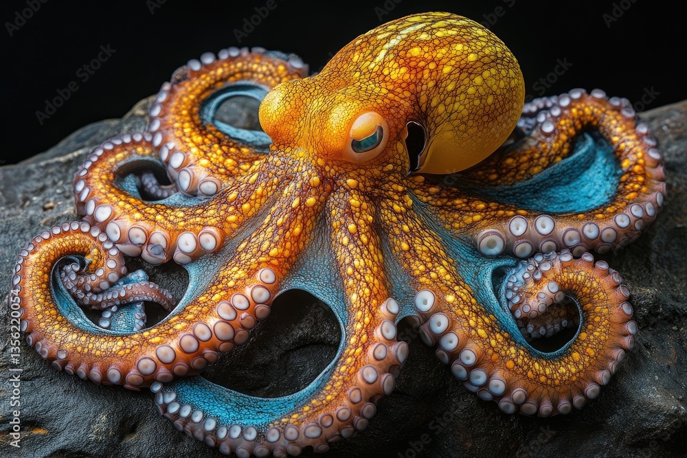 Obraz premium A colorful octopus rests upon a dark gray textured stone surface