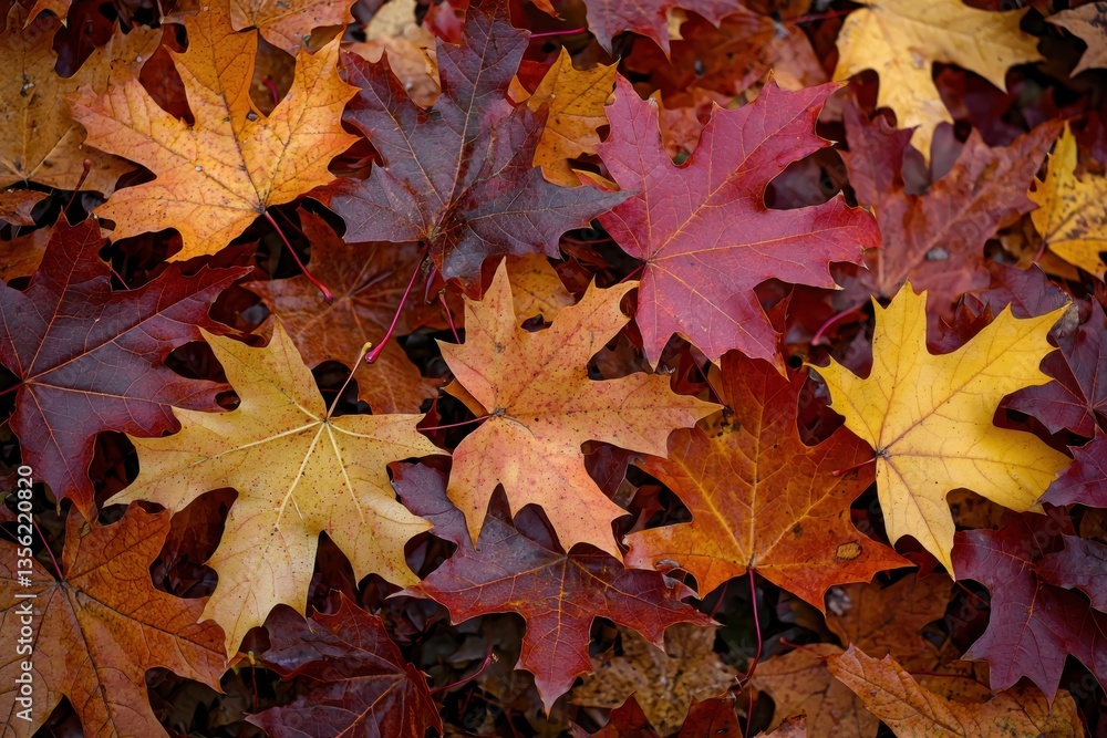 Fototapeta premium Red Orange Brown Autumn Maple Leaves Pile Texture Background