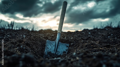 Shovel resting in freshly turned soil under a dramatic sky near a field at dusk, showcasing the contrast between nature and human activity in the quiet countryside