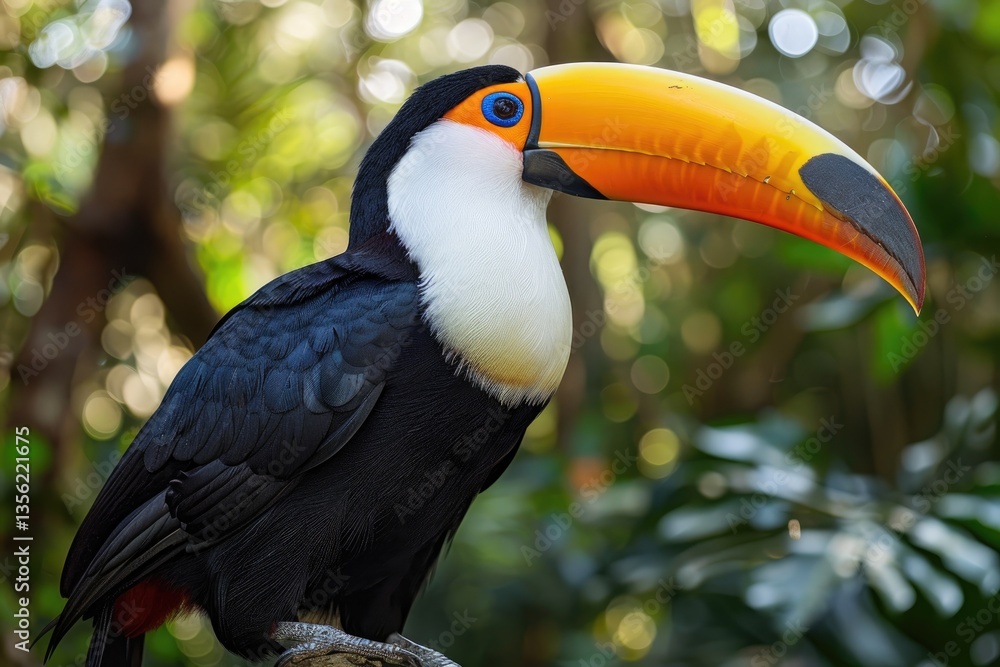 Fototapeta premium A Colorful Toucan Bird with a Massive Orange and Black Beak