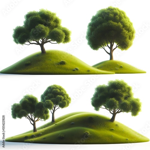 A set of trees on grass hill, set, isolated on white background