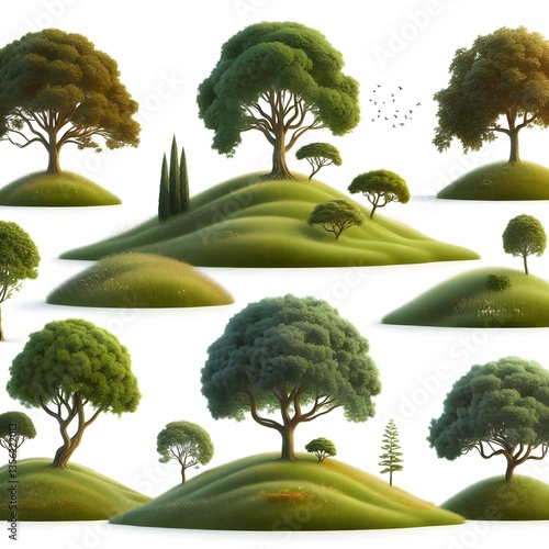 A set of trees on grass hill, set, isolated on white background