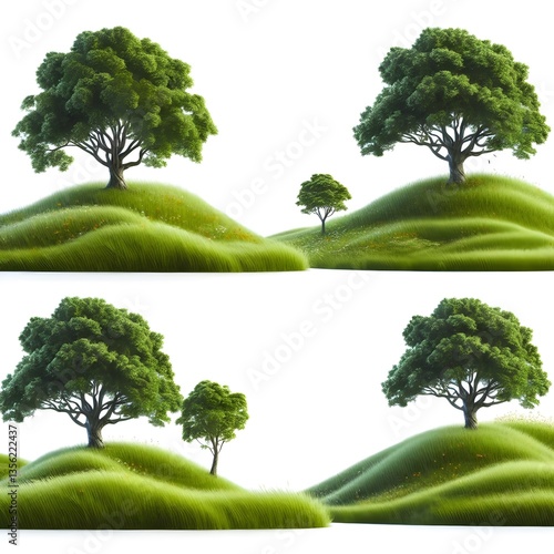 A set of trees on grass hill, set, isolated on white background