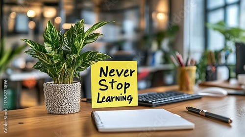 Motivational Sticky Note on Learning, A motivational sticky note saying Never stop learning placed on a wooden table next to a decorative plant in a patterned pot