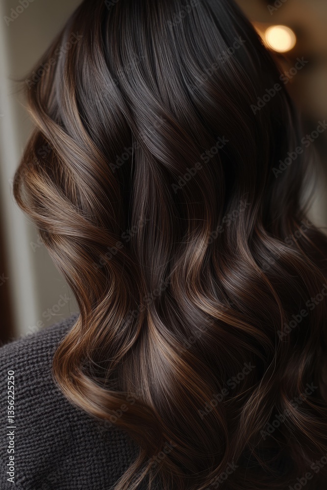 custom made wallpaper toronto digitalLong wavy brown hair styled elegantly with warm highlights, seen from behind against a softly blurred background, capturing the essence of beauty and grace