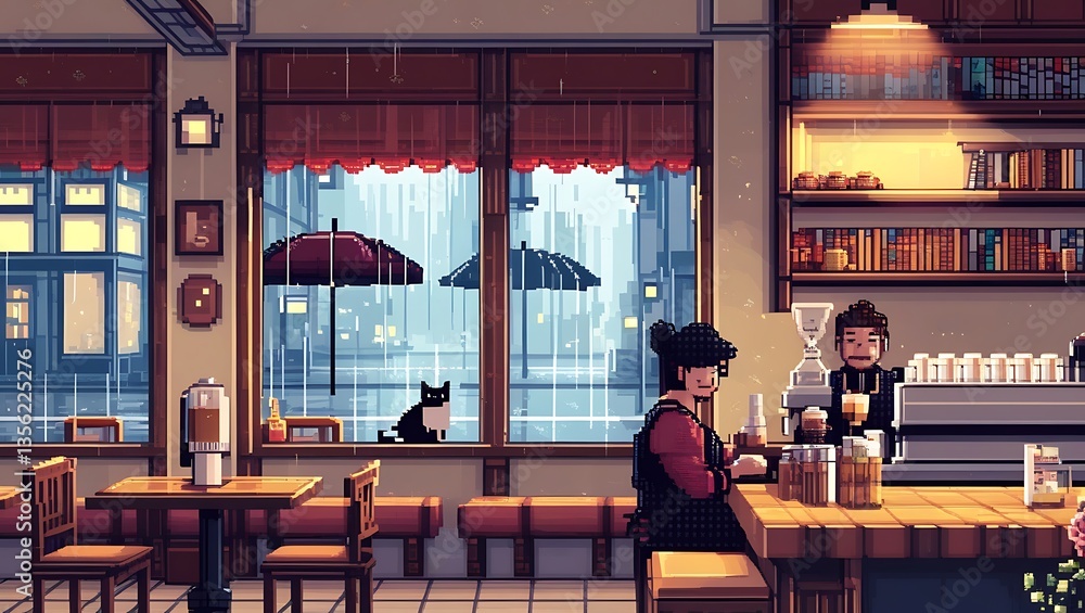 Naklejka premium A warm, inviting pixel-art café with steam rising from freshly brewed coffee. Inside, wooden tables, bookshelves, and soft lighting create a relaxing atmosphere.