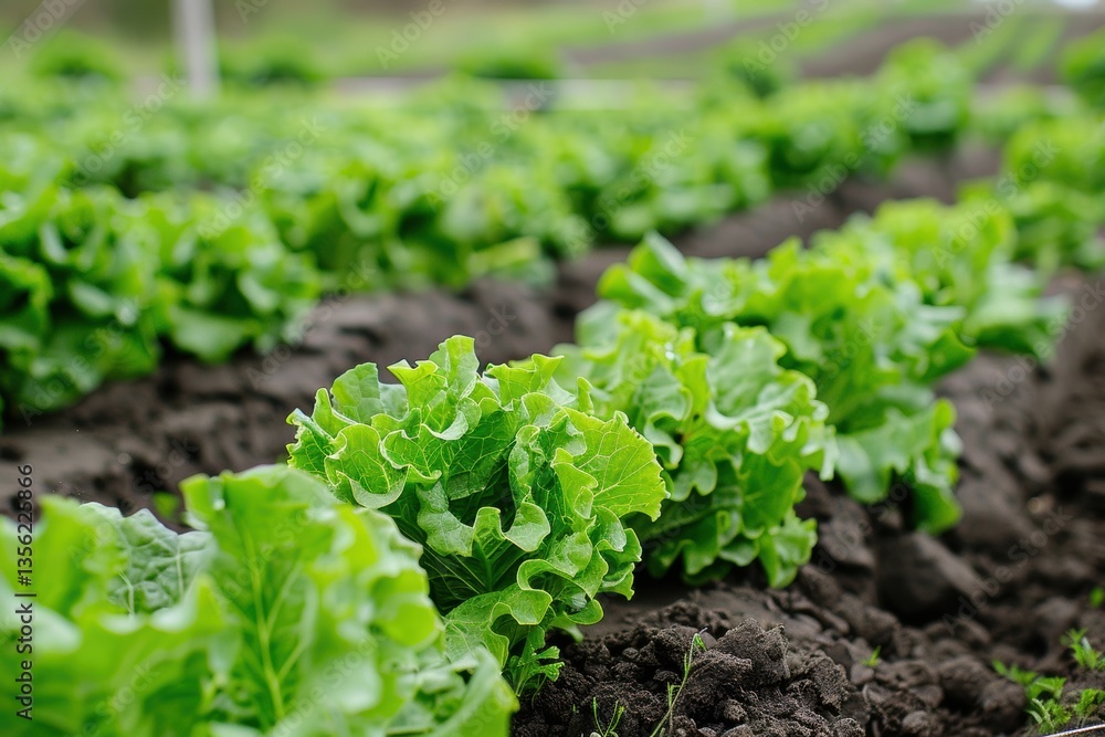 Lush green lettuce grows in well-tilled soil at a local farm during springtime showcasing healthy agricultural practices Lush green lettuce grows in well-tilled soil at a local farm during springtime showcasing healthy agricultural practices