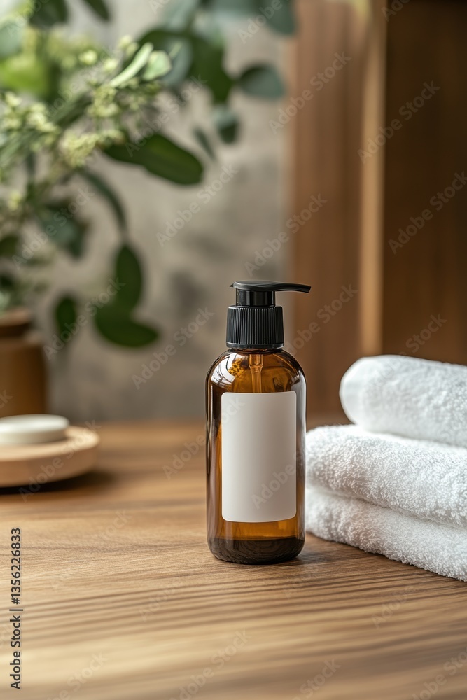 Elegant bathroom setup with natural elements highlighting a brown bottle of skincare product and soft white towels on a wooden counter Elegant bathroom setup with natural elements highlighting a brown bottle of skincare product and soft white towels on a wooden counter