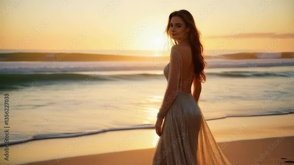 An artistic fashion image featuring an elegant woman standing on a beach at sunset, wearing a long flowing golden dress, facing the ocean An artistic fashion image featuring an elegant woman standing on a beach at sunset, wearing a long flowing golden dress, facing the ocean