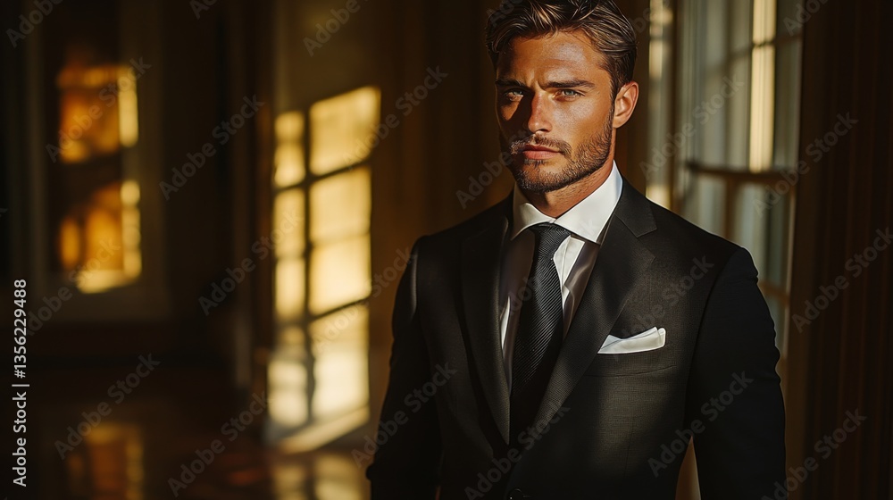 A young man stands confidently in formal attire, illuminated by soft, golden light filtering through large windows. The elegant setting enhances his sophisticated look. A young man stands confidently in formal attire, illuminated by soft, golden light filtering through large windows. The elegant setting enhances his sophisticated look.