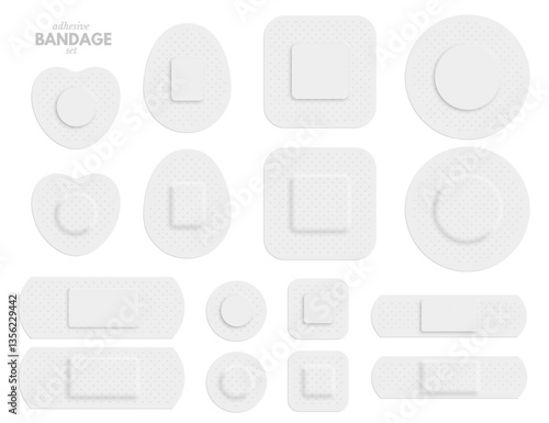 Medical adhesive bandages set. Front and back view of white sticky plaster patches for first aid of tape ,circle and square shapes, pharmaceutical medical product. Realistic 3d vector illustration.