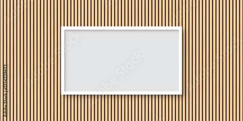White billboard on plank wooden wall. Outdoor advertising banner on plank vertical wood wall background. Realistic vector mockup.