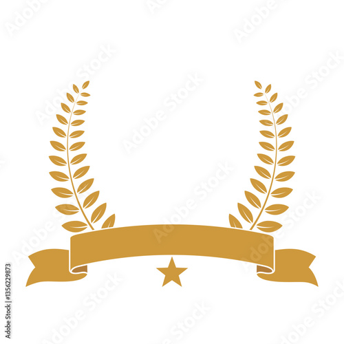 Gold award laurel wreath with ribbon, crown and empty place for name of winner. Champion reward vector illustration. Prize for awarding ceremony or best player. Quality certified icon.