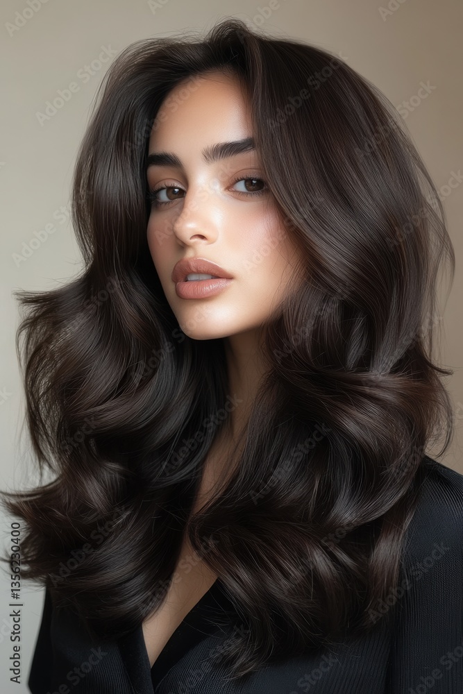 Fototapeta premium Beautiful woman with long wavy hair posing in soft light with a neutral background showcasing a serene and elegant expression while looking directly at the camera