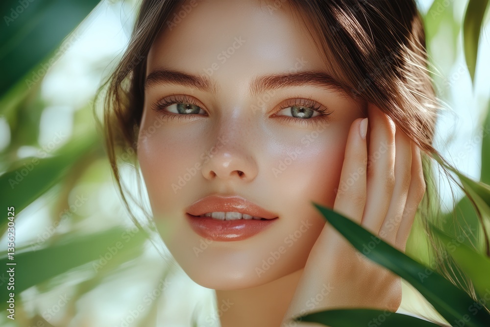 Natural beauty shines through lush green foliage on a sunny day as a young woman gently touches her face, showcasing radiant skin and captivating eyes Natural beauty shines through lush green foliage on a sunny day as a young woman gently touches her face, showcasing radiant skin and captivating eyes