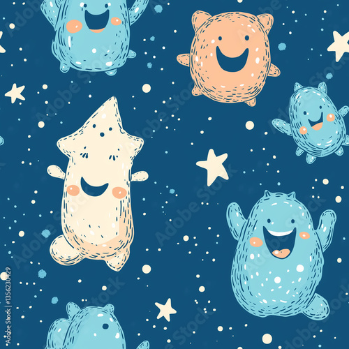 Cute starry night seamless pattern with happy cartoon animals for wallpaper design, children's decor or fabric