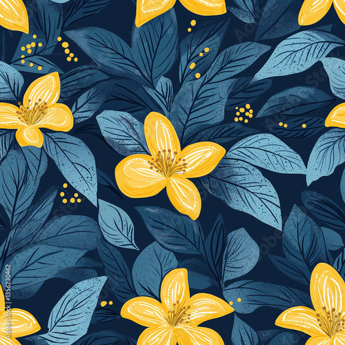 Vibrant yellow flowers and blue leaves on dark background seamless pattern for floral design