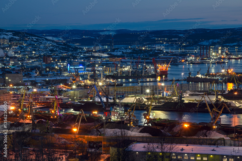 Fototapeta premium Cargo port of Murmansk on a winter night