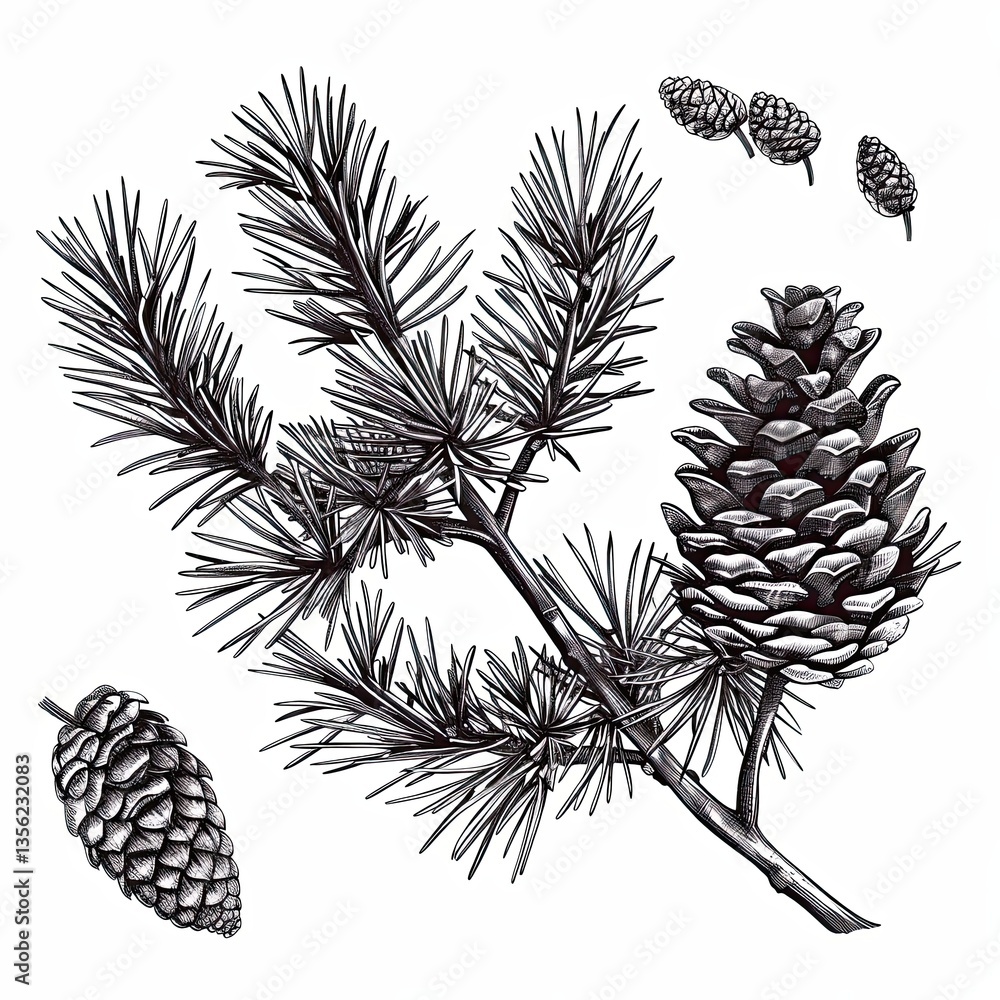 Naklejka premium Cedar pine branches with exquisite cones captured beautifully in side view showcasing nature's elegance