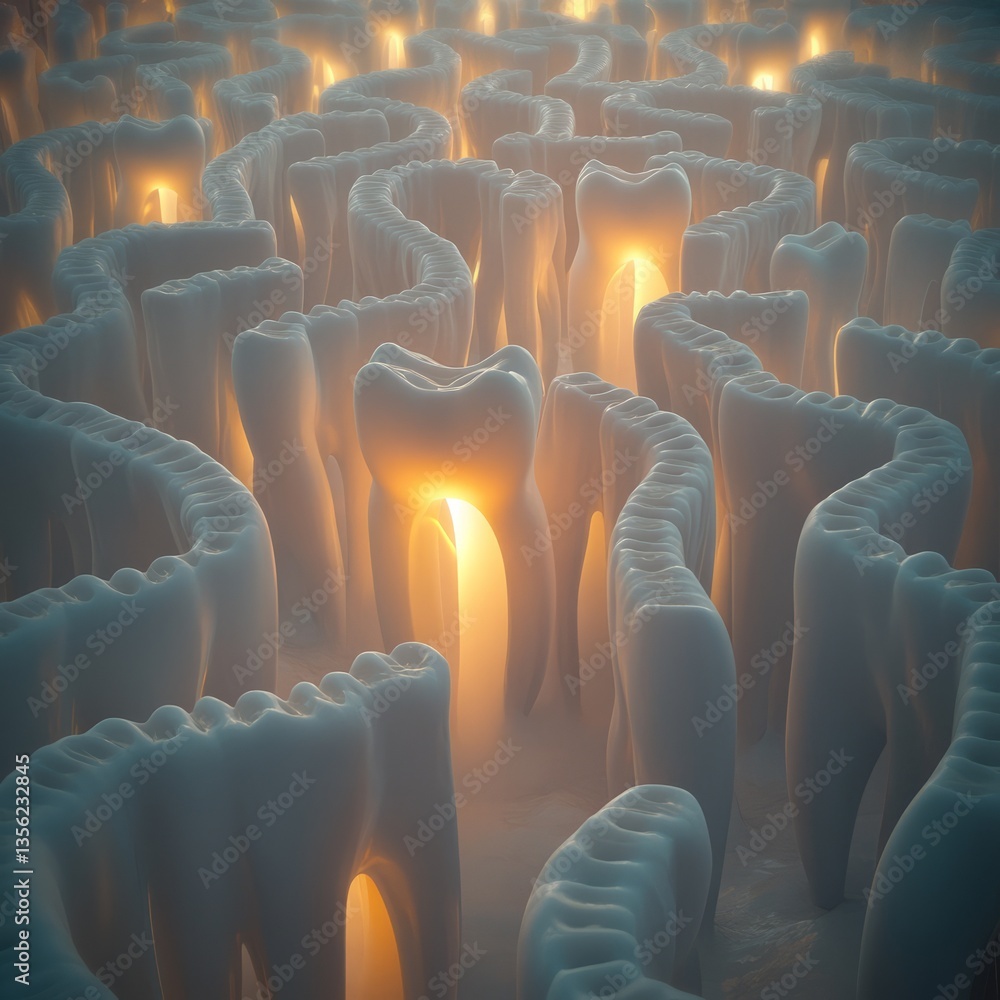 Obraz premium Surreal scene of teeth forming a labyrinth, eerie glow lighting the maze, mysterious and imaginative, ultra-HD, cinematic vibes