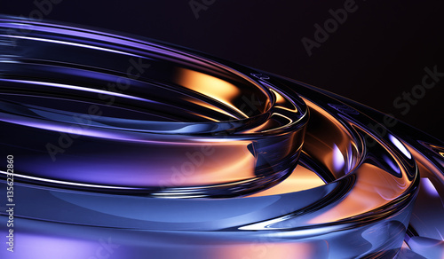 Fototapeta Naklejka Na Ścianę i Meble -  Abstract 3d black background wallpaper with glass transparent circles, iridescent neon light holographic gradient. Render crystal rings, rainbow round lines, futuristic graphic design. 3D illustration