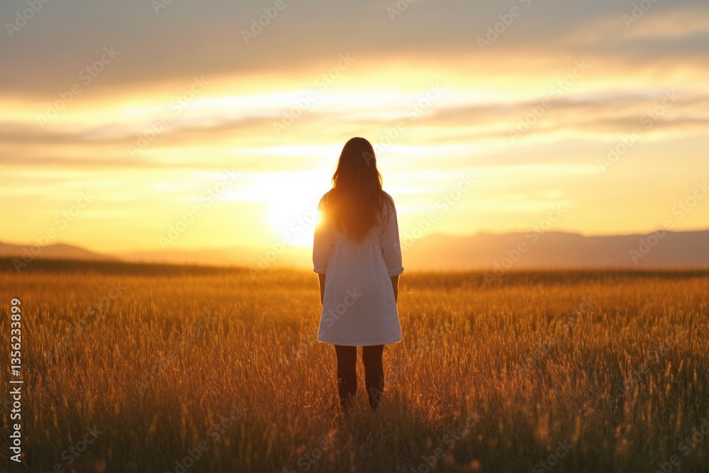 Woman stands in field at sunset Woman stands in field at sunset