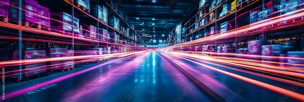 Futuristic distribution: A fast moving warehouse with illuminated lines suggesting rapid transit, efficient operation Futuristic distribution: A fast moving warehouse with illuminated lines suggesting rapid transit, efficient operation