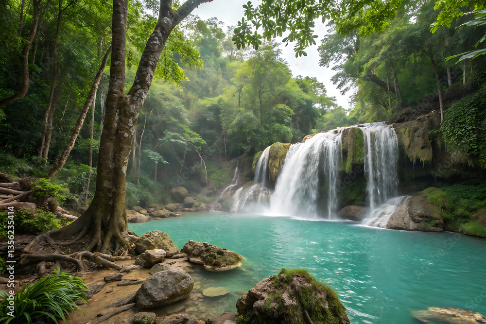 Fototapeta premium Majestic Tropical Waterfall: A Hidden Paradise in the Jungle