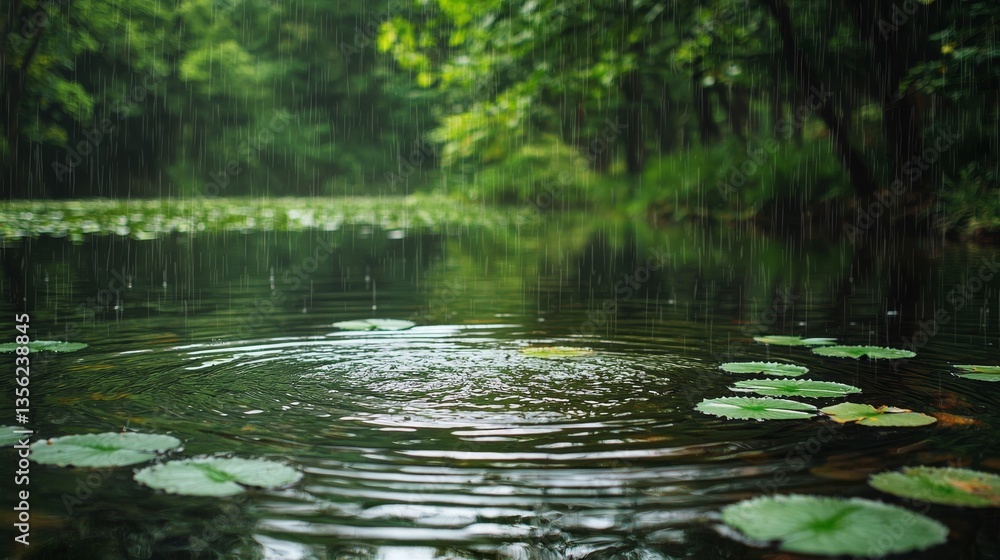 A soft drizzle creating ripples in a pond