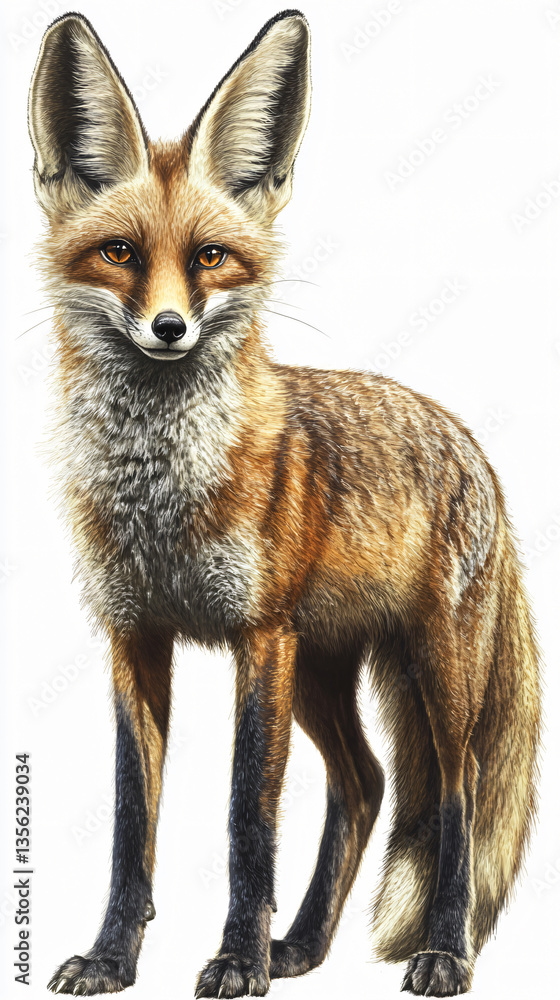 Obraz premium Realistic long-eared fox full body upright stance large pointed ears slender legs alert posture natural fur detail desert animal wildlife species graceful figure isolated background mammal elegant