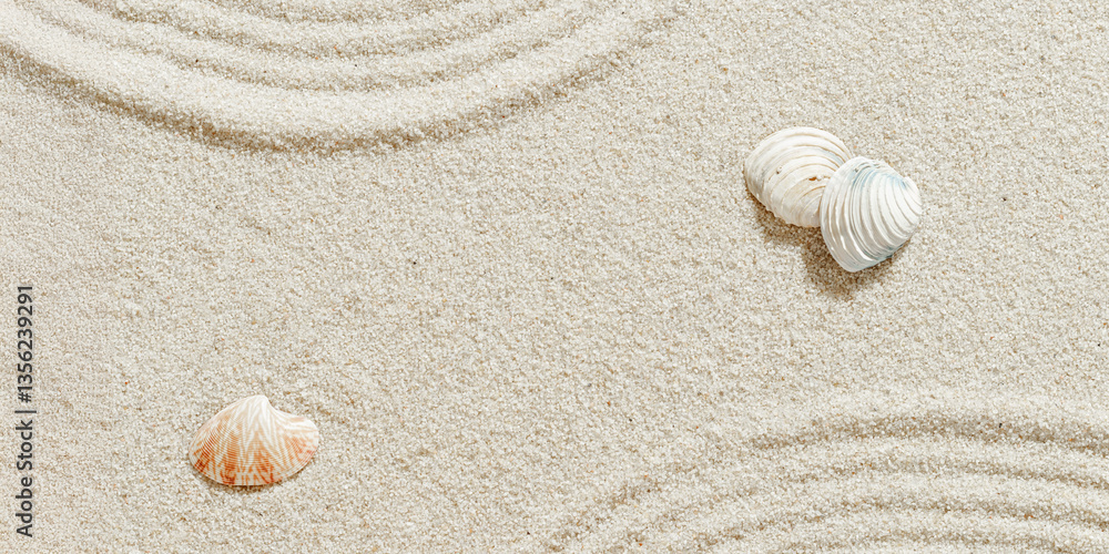 Aesthetic minimal summer background, white seashells on fine sand with Japanese Zen Garden round lines. Top view sandy soft waves textured banner, meditation, relaxation fon beige neutral tones Aesthetic minimal summer background, white seashells on fine sand with Japanese Zen Garden round lines. Top view sandy soft waves textured banner, meditation, relaxation fon beige neutral tones