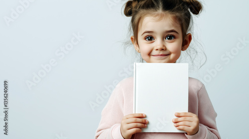  A cheerful young girl smiles brightly while holding a blank book. Her joyful expression and playful demeanor capture the essence of childhood innocence and creativity.