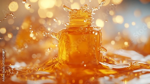 Golden liquid explosion in a glass jar, abstract dynamic fluid motion
