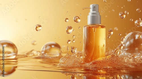 Elevated golden serum bottle with splash, promoting skincare hydration and luxury