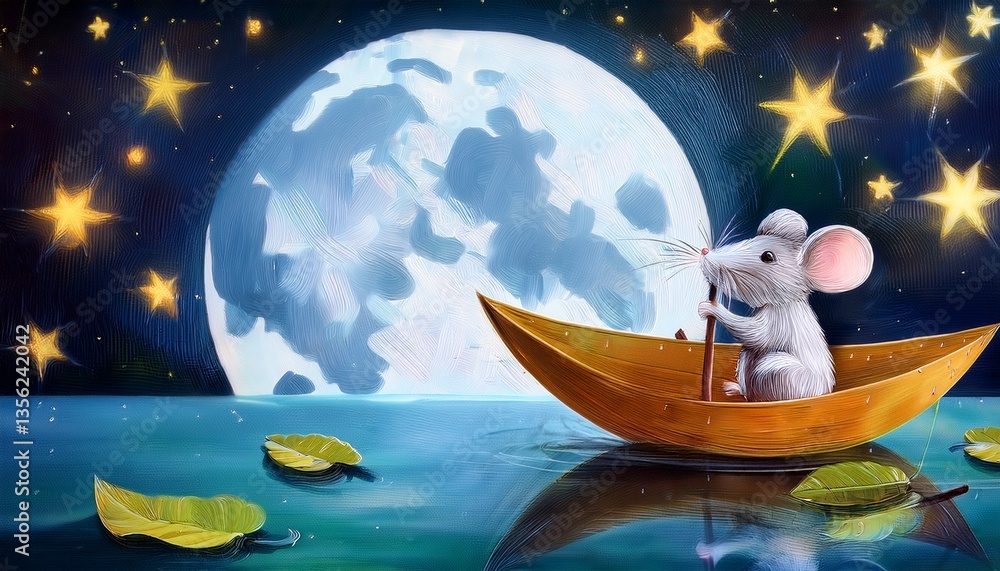 Naklejka premium Charming hand-painted children’s book illustration of a little mouse sailing on a leaf boat across a gentle stream. Whimsical woodland setting, soft colors and storybook details create a magical scene