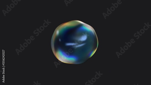 Transparent multicolored water bubble with iridescent effect. Abstract liquid distorted sphere on the black background. 3d render 4K loop animation.