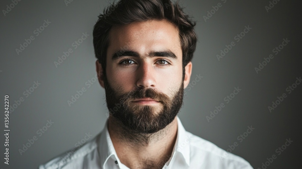 A young man poses with a serious expression, showcasing a well-groomed beard and striking features. The neutral backdrop highlights his thoughtful demeanor, creating a captivating portrait A young man poses with a serious expression, showcasing a well-groomed beard and striking features. The neutral backdrop highlights his thoughtful demeanor, creating a captivating portrait