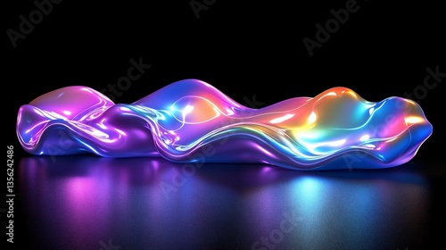 Iridescent Abstract Form with Dynamic Light Play on Dark Reflective Surface