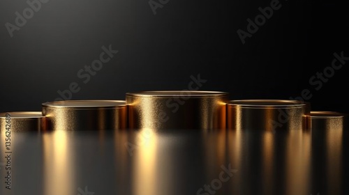 Golden cylindrical pedestals against a dark backdrop for premium product showcase
