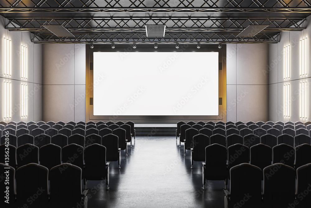 Empty modern cinema hall with large blank screen and black seats. 3D Rendering