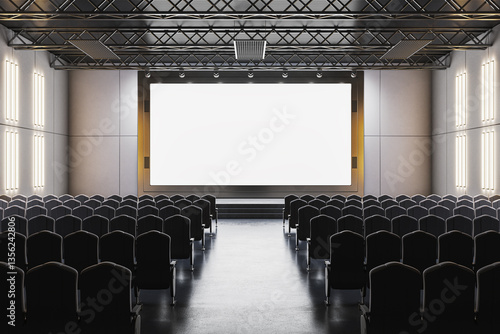 Obraz na płótnie Empty modern cinema hall with large blank screen and black seats. 3D Rendering w salonie
