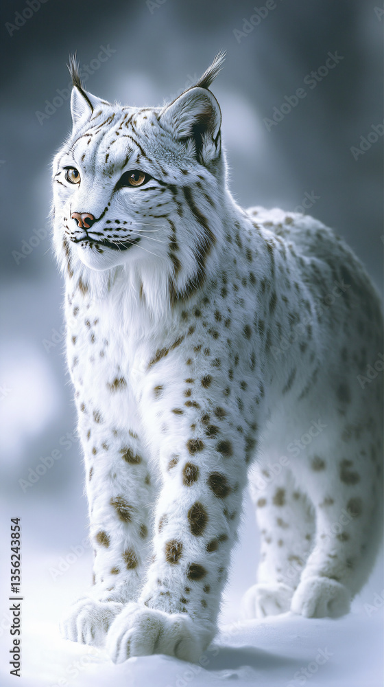 Obraz premium Snowy lynx full body portrait standing alert tufted ears spotted fur thick coat mountain feline wildlife winter setting graceful predator majestic presence texture white background arctic animal
