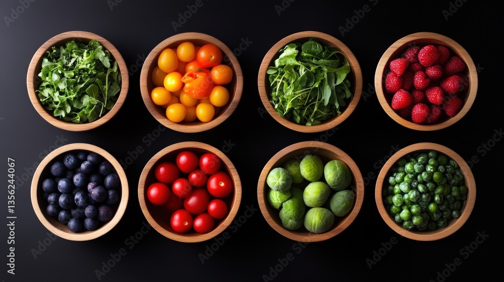 Fresh produce in wooden bowls Fresh produce in wooden bowls