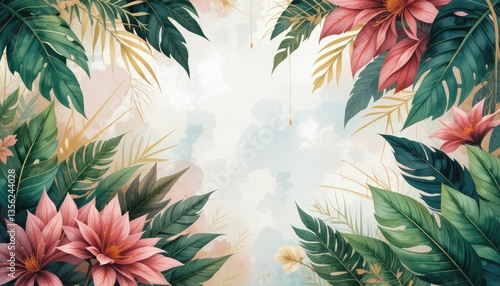 An abstract luxury art background in the watercolor style including golden art line motifs and exotic foliage. This tropical plant botanical banner is perfect for printing, wallpaper, and décor.