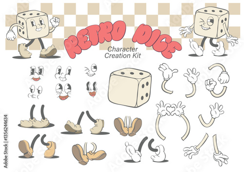 Vintage cartoon character creator, retro groovy mascot parts, classic cartoon hands and eyes