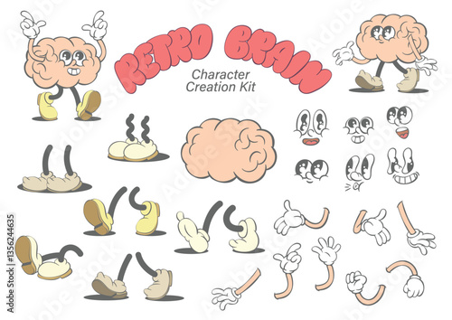 Vintage cartoon character creator, retro groovy mascot parts, classic cartoon hands and eyes