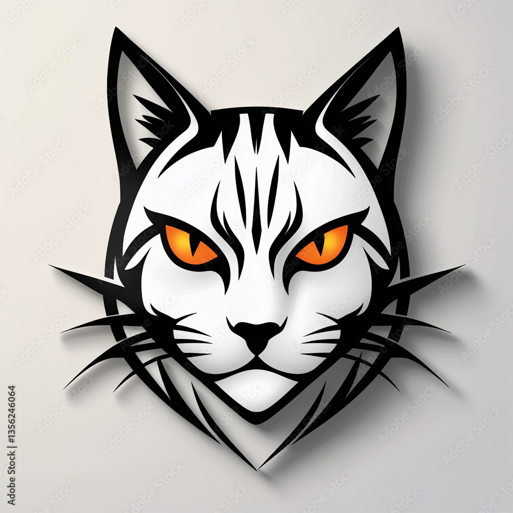 Obraz premium AI Generative. Minimal cat head logo with elegant expression. The design features bold, black outlines and striking orange eyes. 2