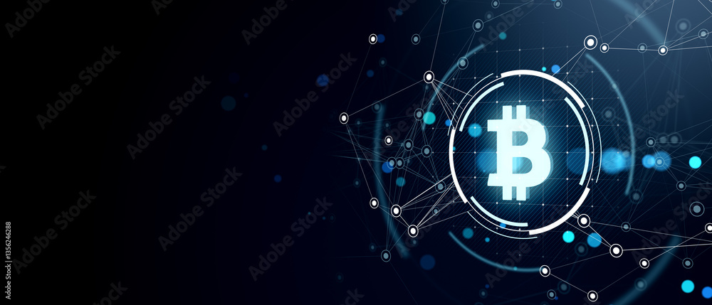 Fototapeta premium Bitcoin digital symbol with blockchain network connections on dark background. 3D Rendering